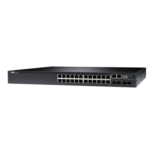Dell Networking N3024 Switch C3 Hanterad 24 x 10-100-1000 + 2 x 10 Gigabit SFP+ + 2 x SFP Gigabit kombinerad Rackmonterbar- REFURBISHED