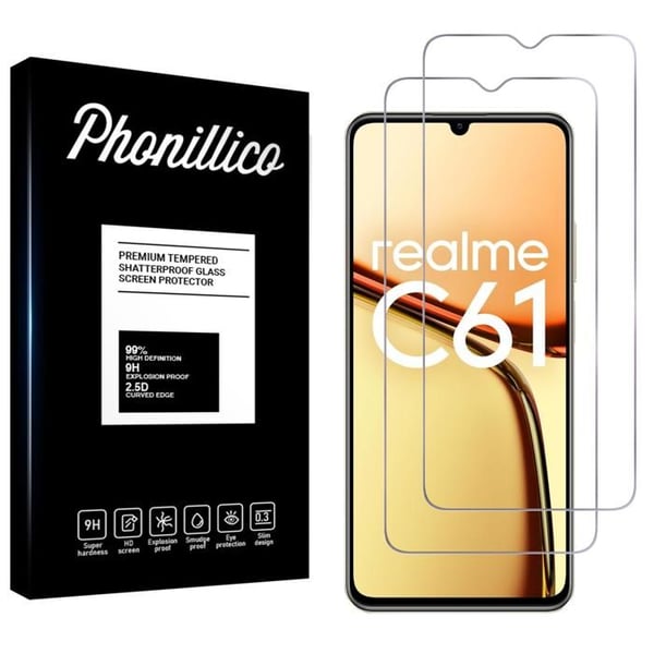 Härdat glas - Phonillico® - Realme C61 - Pack om 2 - Repellerande mot repor - Skärmskydd