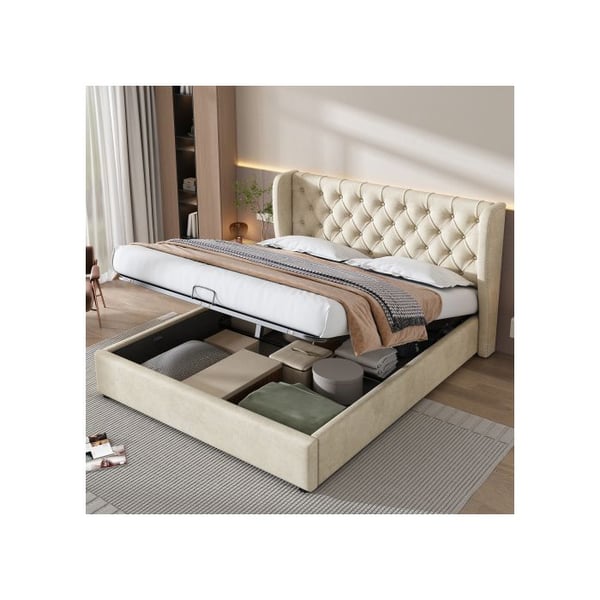 Kaksihenkinen sänky - MUVOE - 140x190 cm - Beige - Hydraulinen sänky säilytyksellä - Nykytyylinen muotoilu