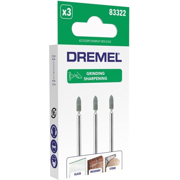 Set med 3 DREMEL 83322 slipskivor (för slipning/slipning, kiselkarbid, Ø 3,2 mm, rundad konisk form)