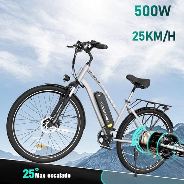 Sähköpyörä VAE COLORWAY 28" - Irrotettava akku 36V 15Ah - Moottori 250W - Shimano 7 Vaihdetta - Hopea + COLORWAY Takakori