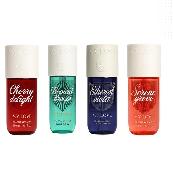 VV kärlek Pack Cherry Delight + Tropical Breeze + Ethereal Violet + Serene Grove Brume Parfumée för kvinnor