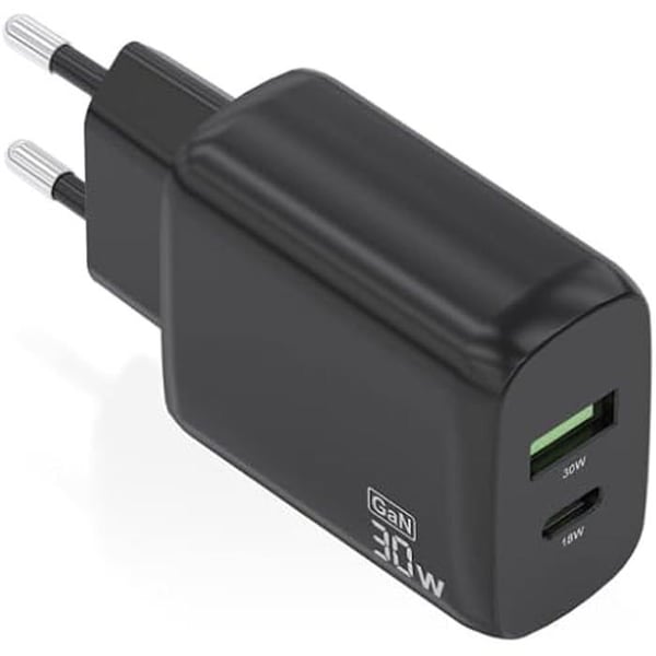 Laddare - AISENS - AISENS GAN 30W LADDAR - 1x USB-C PD3.0 - 1x USB-A QC3.0 - Svart
