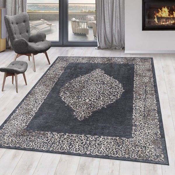 Maskin-tvättbar klassisk orientaliskt vintage matta i svart och guld (Dimension: 200x290 cm)