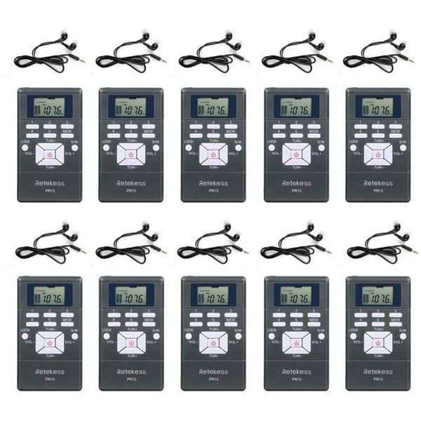 Retekess PR13 Bärbar Mini Radio, FM Radio, med Hörlurar, Tur Guide System Audio för Konferens Tolkning Samtidigt (10 st)