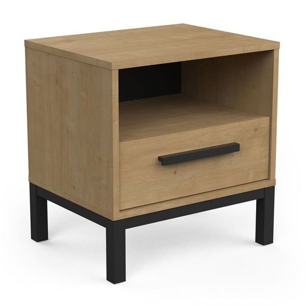CALICOSY - Seng med 1 skuffe og 1 niche dekoration i eg og mat sort L44,6 cm - CRAFT - Lys træ