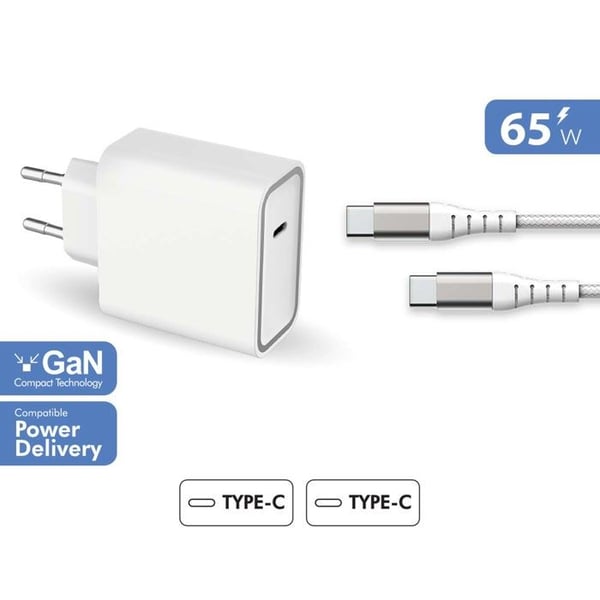 65W strömförsörjning GaN hemladdare + förstärkt USB C/USB C-kabel Livstidsgaranti White Force Power Lite