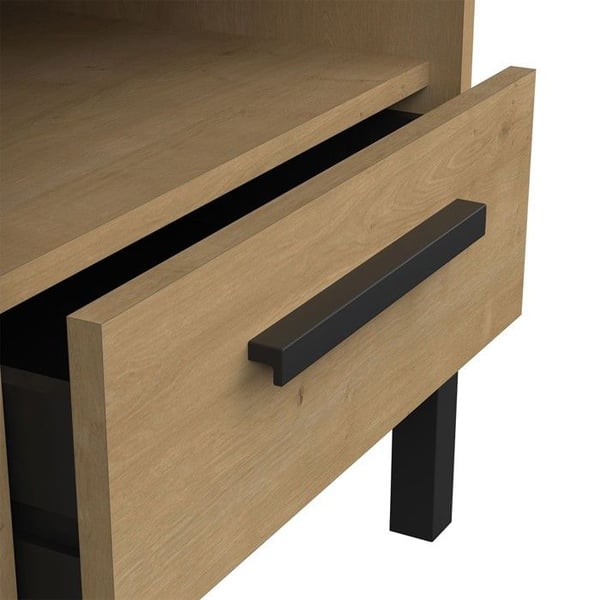 CALICOSY - Seng med 1 skuffe og 1 niche dekoration i eg og mat sort L44,6 cm - CRAFT - Lys træ