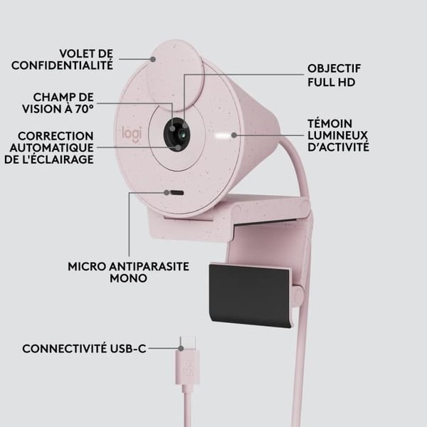 Webbkamera - Full HD 1080p - Logitech - Brio 300 - Inbyggd mikrofon - Rosa