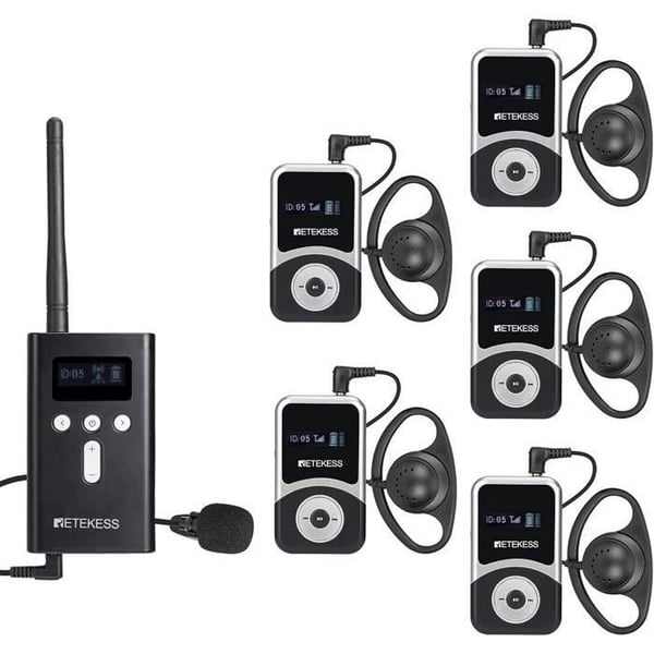 Retekess T130S Trådlöst Audio Guide System, 100m, D Headset, Språkinterpretationssystem för Turister (5 Mottagare)