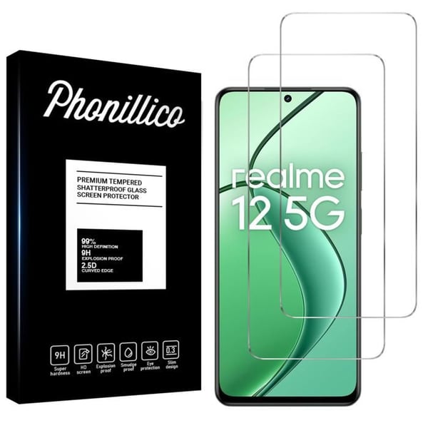 Härdat Glas - Phonillico® - Realme 12 5G - Paket 2 - Repellerande för repor - Skärmskydd