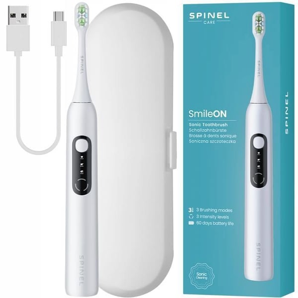 Sonic tandborste - Spinel Care - SmileON White - 3 lägen - USB-C - långvarigt batteri - fodral inkluderat