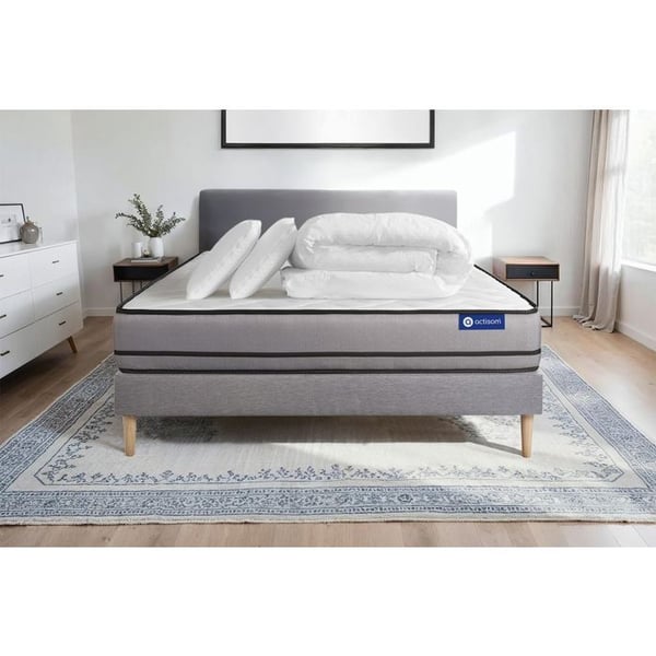 Komplett sängpaket 200x200 cm - Madrass + Sängbotten Grå (i kit) + 2 kuddar + Täcke - Actiflex Nig