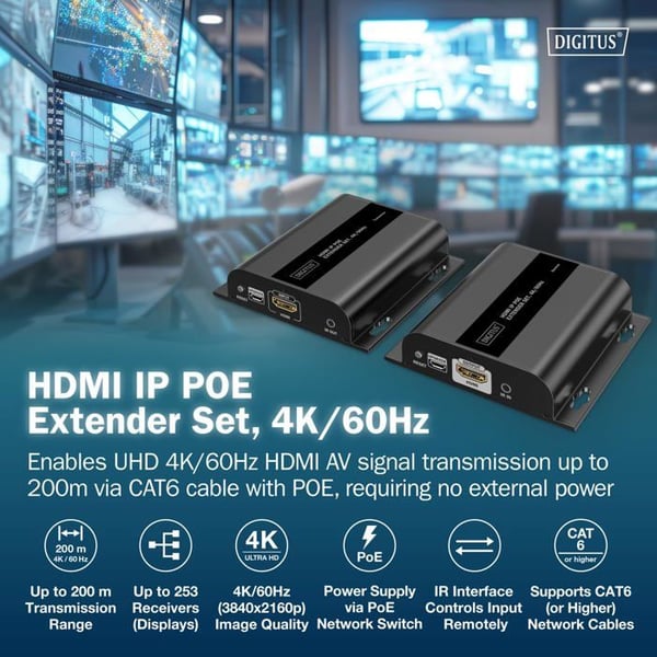 HDMI IP PoE forlængersæt - DIGITUS - DS-55353 - UHD 4k 60 Hz - rækkevidde 200 m - sort