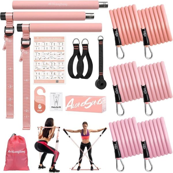 Elastisk Mjukhetsstång med 6 Motståndsband 180Lbs eller 140Lbs, Justerbar Dörrankare för Fitness Yoga, Rosa