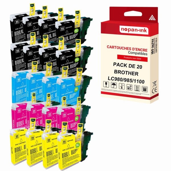 20 Kartong kompatibla för BROTHER LC 980 XL LC980XL Svart (x8) + Cyan (x4) + Magenta (x4) + Gul (x4) Sol Brother DCP 145 C 16