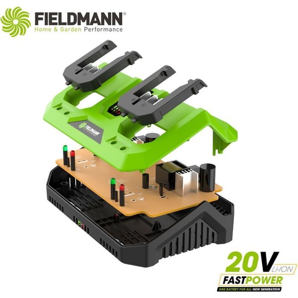 Dubbel laddare - FIELDMANN - För 20V-batterier - Laddar 2Ah på 60 min - Kompatibel med 2Ah, 4Ah