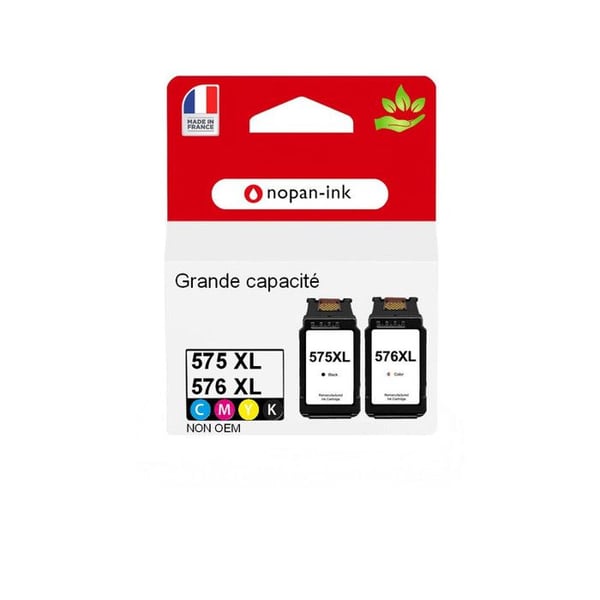PG 575 + CL 576XL tillverkad i Frankrike, 2 återvunnen bläckpatron för CANON PG575 + CL576 XL Svart / Färg kompatibel med PIXM