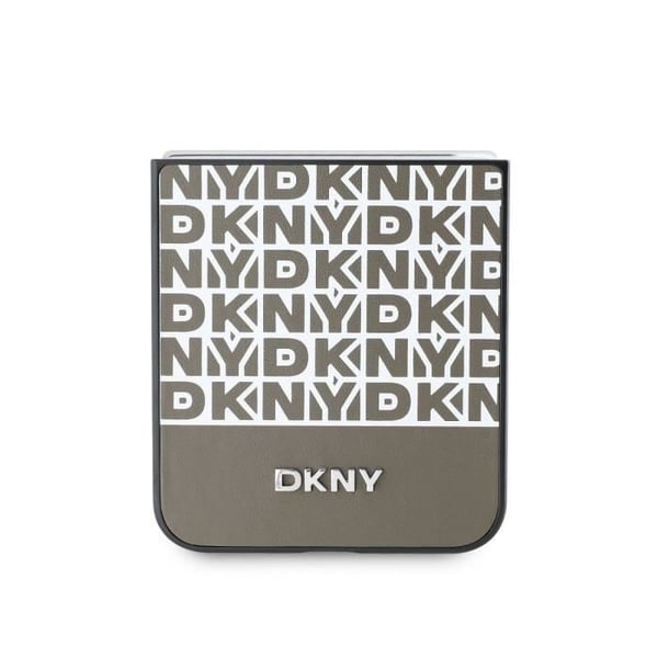 Skyddande skal för Samsung Galaxy Z Flip 6 med DKNY brunt band.