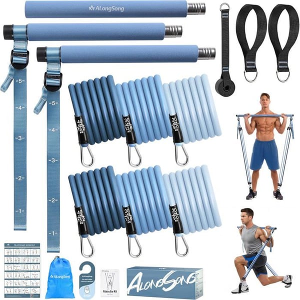 Elastisk muskelträningsstång med Pilates och 6 motståndsbands 180Lbs eller 140Lbs, justerbar dörrankare för träning