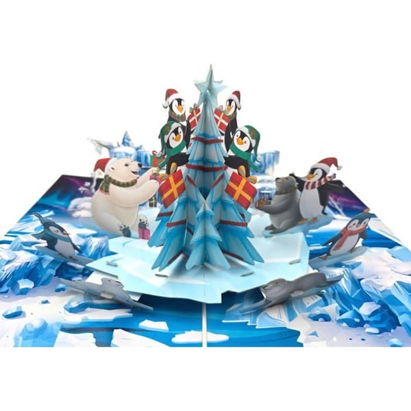 3D pop-up kort Jul Pingviner & Julgran 15×20 cm – Kuvert ingår – Handgjord