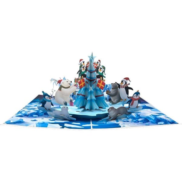 3D pop-up kort Jul Pingviner & Julgran 15×20 cm – Kuvert ingår – Handgjord