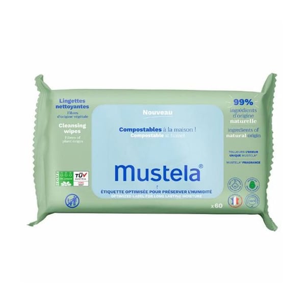 Rengöringsservetter - MUSTELA - Komposterbar förpackning - 7 ingredienser - 99% naturligt ursprung - Från födseln