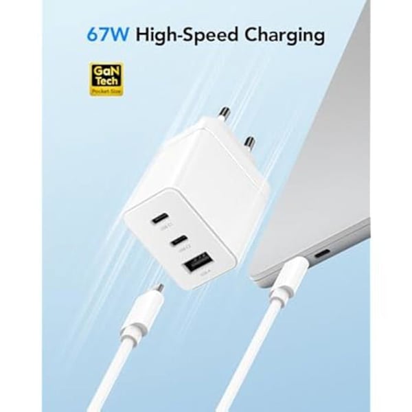 USB C-laddare - CUDY - CH67 - 67W - 3 portar - Snabbladdning QC/PD 3.0