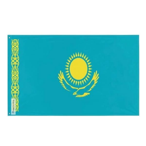 Kazakhstanflagga – 96 x 144 cm – Motståndskraftig polyester – 2 metallöglor – Inomhus / Utomhus – Pixelforma