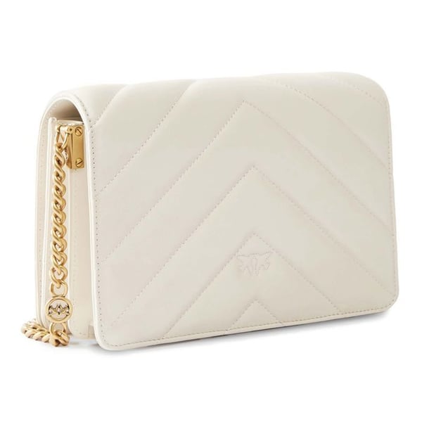 PINKO Skuldertaske i cremefarvet læder til kvinder - Love Click Classic Sheep Nappa Big Chevron M Hvid - Antik Guld 296341