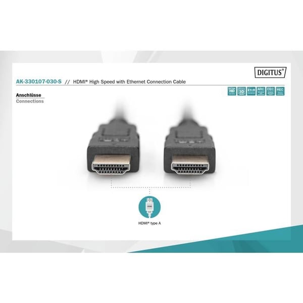 HDMI-kabel - ASSMANN - 3 m - 30 AWG - Video-lyd-netværk - Triple skærmning - Sort