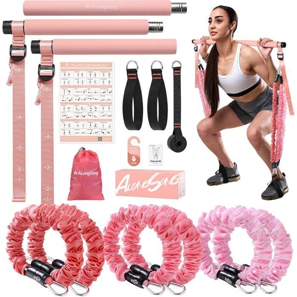 Kit för elastisk muskelträning med Pilates-stång och 6 elastiska band 20-180LBS justerbar längd & dörrankare för fitness yoga