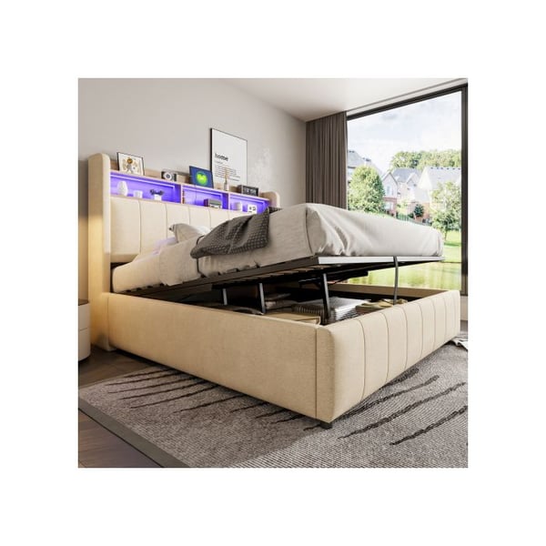 Uppfällbar säng 160*200 cm, med LED-belysning och USB-uttag, beige linne.