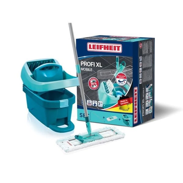 Set för mopp med rullande vridbar hink Leifheit Profi XL Mobile 55096, platt mopp med 360° vinkel och micro duo överdrag.