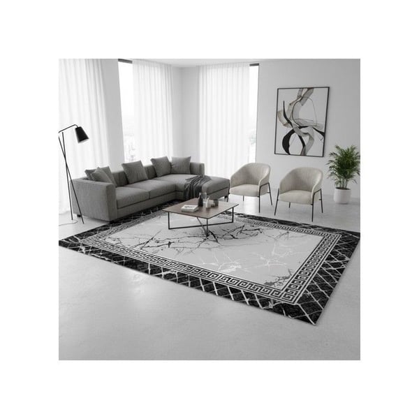 Matta - MELIS HOME - Modern marmor - Grekisk kant - Svart & Grå - Halkskydd