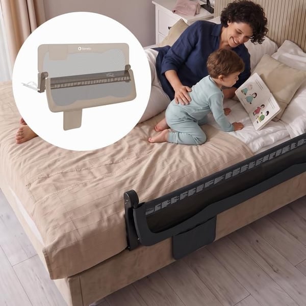 Sengebarriere til baby LIONELO Hanna - 150x66cm - Sammenfoldelig - Faldbeskyttelse - Åndbart net - Beige