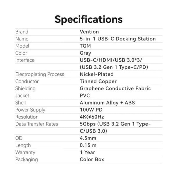 Docking USB Type-C Vention TGMHB- 3xUSB- 1xHDMI- 1xUSB Type-C PD