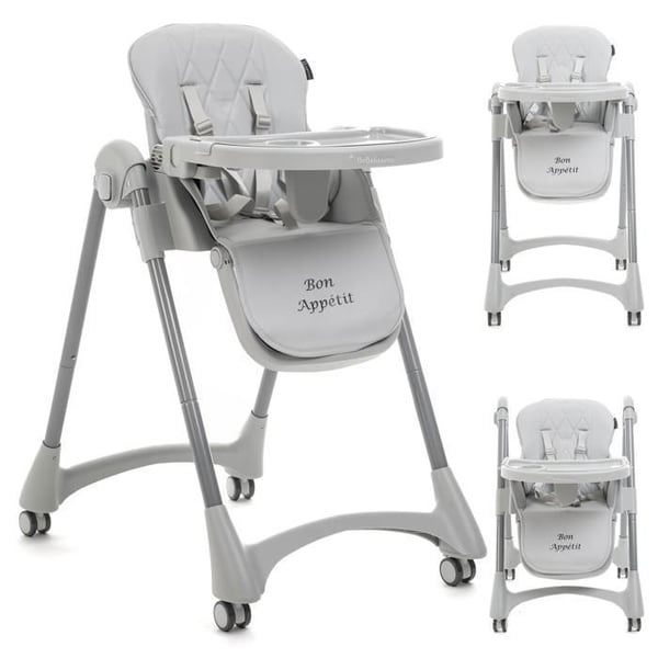 Bebelissimo - Mångsidig hög stol för baby - Fällbar - Kompakt - Höjdjusterbar - Från 6 månader till 3 år (15kg) - grå - Smaklig måltid