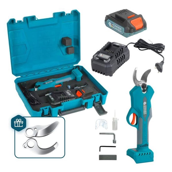 Batteridriven sekatör KS CPS20V-32 Case med robusta stålblad och 3 öppningsalternativ - batteri och laddare ingår