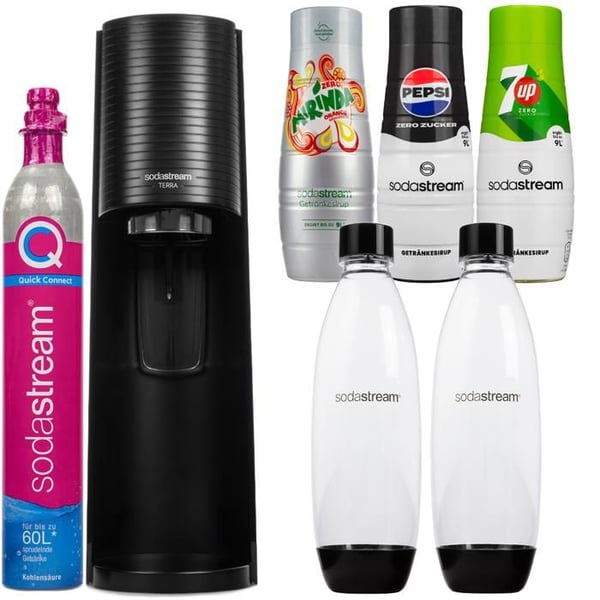 Saturator för kolsyrat vatten - Sodastream - Terra Noir - 2 flaskor 1L - 3 siraper Pepsi Mirinda 7UP