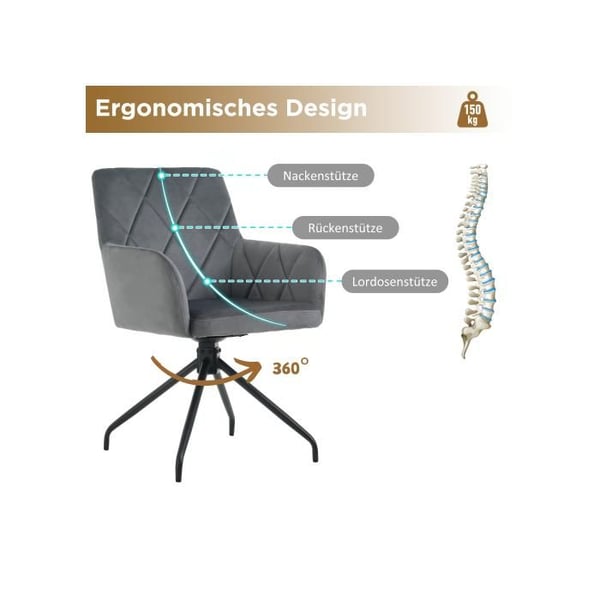 Matstolar - MUVOE - Set om 6 - 360° svängbara - Mörkgrå sammet - Ergonomiska