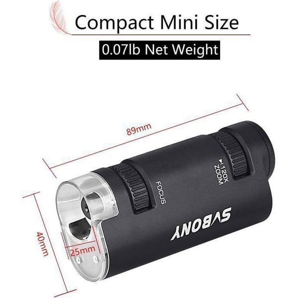 Svbony SV603 bärbart mikroskop med LED-ljus, 60x-120x mini asfäriskt handhållet mikroskop med batteri, fickmikroskop