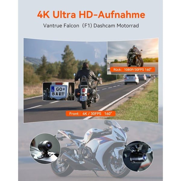 VANTRUE Falcon-1 4K+1080P Motorcykelkameran vattentålig IP67, WiFi GPS Dashcam Motor fram och bak, 24 timmar kollisiondetektering