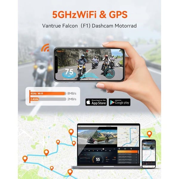VANTRUE Falcon-1 4K+1080P Motorcykelkameran vattentålig IP67, WiFi GPS Dashcam Motor fram och bak, 24 timmar kollisiondetektering