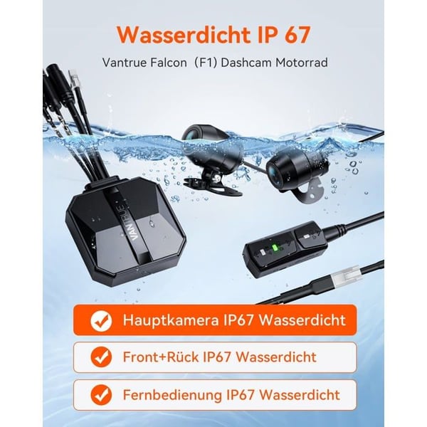 VANTRUE Falcon-1 4K+1080P Motorcykelkameran vattentålig IP67, WiFi GPS Dashcam Motor fram och bak, 24 timmar kollisiondetektering