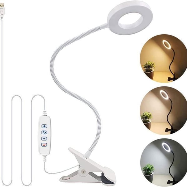 Skrivbordslampa, läslampa med 3 lägen och 10 dimningsnivåer, 40 cm klämlampa för kontor och hem, vit