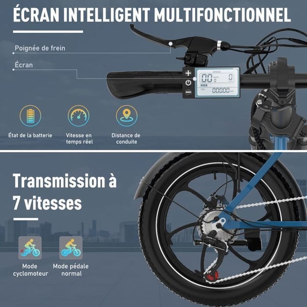 HITWAY Fällbart Elektriskt Cykel 20" - Batteri 36V/13Ah - Motor 250W - 7 Växlar - Blå