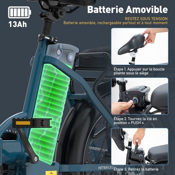 HITWAY Fällbart Elektriskt Cykel 20" - Batteri 36V/13Ah - Motor 250W - 7 Växlar - Blå