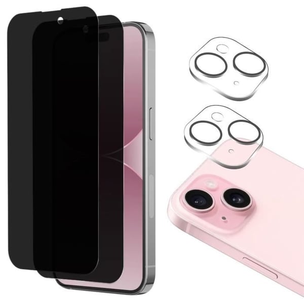Härdat Glas Anti-Spion för iPhone 15 och Kameraskydd [Pack 2] Film för Skydd av Phonillico®