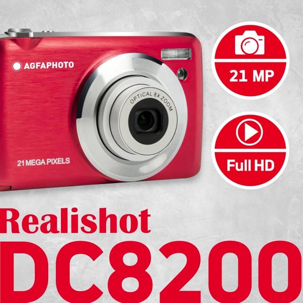 AGFAPHOTO Realishot DC8200 - Kompakt Digitalkamera 18MP, Full HD Video, LCD 2.7'', 8X Zoom, 16GB SD-kort - Röd